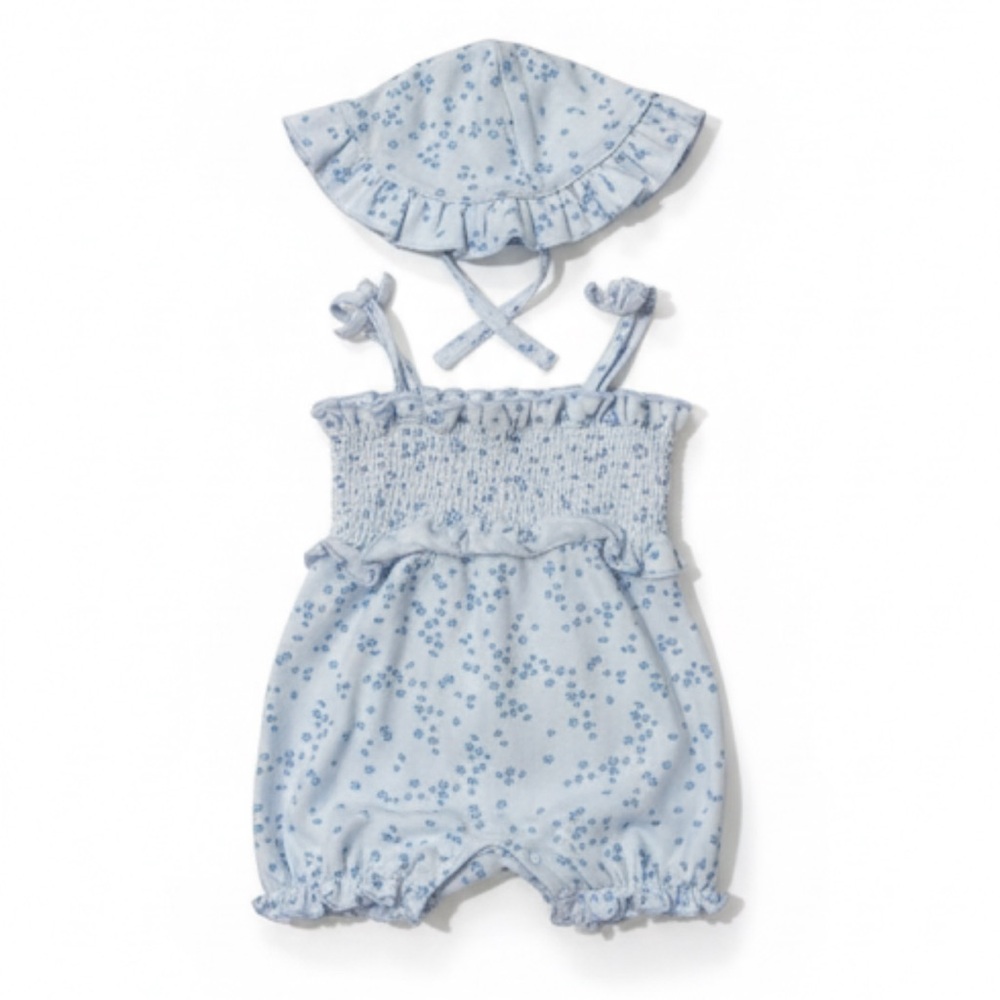 French Connection Blue Floral Baby Romper with Matching Hat